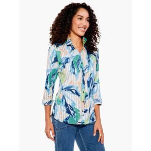 Nic + Zoe Scribble Vines Top White Blue Collared Button Striped Long Sleeve Sz L